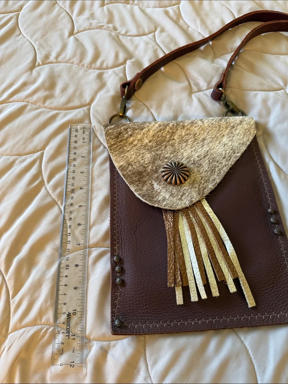 Brown Leather Crossbody Bag with Haircalf Flap and Fringe